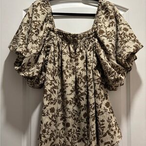 Chic Soul Plus Floral Puff Sleeve Blouse - Cream and Brown